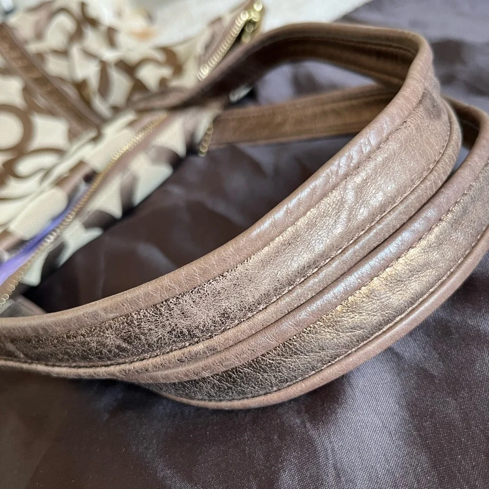 Coach Poppy C op art glam bronze metallic leather brown jacquard canvas tote bag